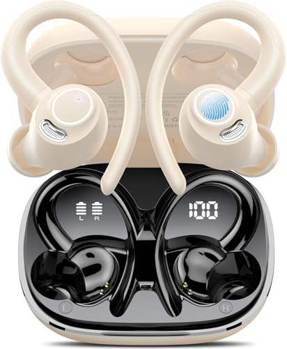 Bluetooth Kopfhörer Sport, in Ear Kopfhörer Kabellos Bluetooth 5.3 mit HD Mic, Herausragender Sound, 40 Std Spielzeit, Comfort Fit, Dual LED-Anzeige, IP7 Wasserdicht Ohrhörer mit Ohrhaken, Hellgelb von Jesebang