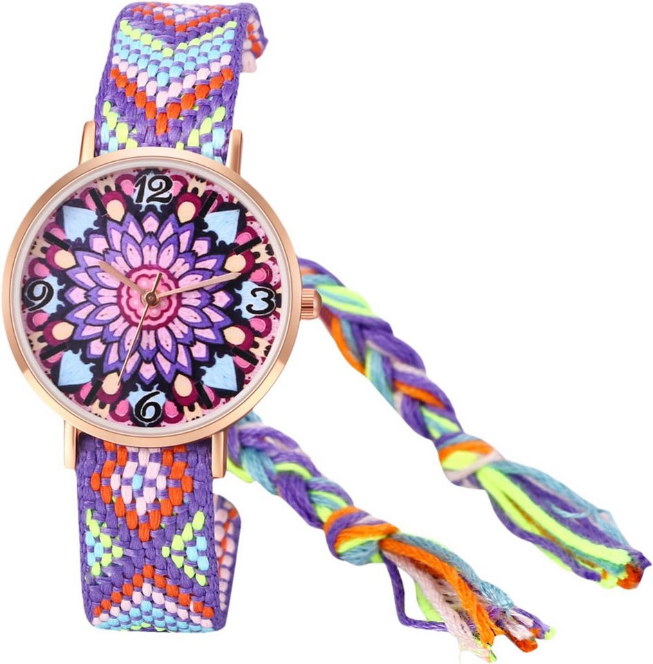 JewelryWe mit Hochwertiges Quarzwerk,Bohemian Stil,Rundem Blumendruck Zifferblat Watch, Damenuhr Boho Blumen Uhr Bohemian Stil Bunt Verstellbar Geflochten von JewelryWe