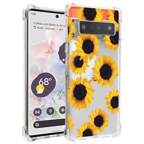 Jhxtech Handyhülle für Pixel 6 Pro, Google 6 Pro GLU0G Mädchen Frauen, schlank, stoßfest, klar, Blumenmuster, weich, flexibel, TPU, Schutzhülle für Google Pixel 6 Pro 5G, Sonnenblume von Jhxtech