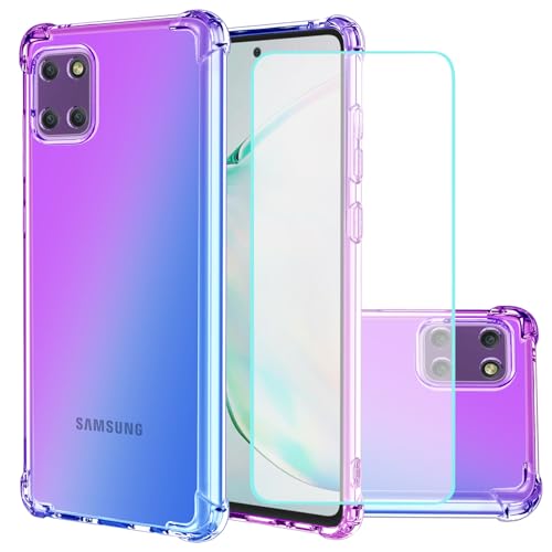 Jhxtech für Galaxy A22 5G/Samsung A22 5G Hülle mit gehärtetem Glas Displayschutz, Transparente süße Verlauf Handyhülle, kratzfestes TPU Hülle stoßfeste Schutzhülle für Samsung Galaxy A22 5G lila/blau von Jhxtech