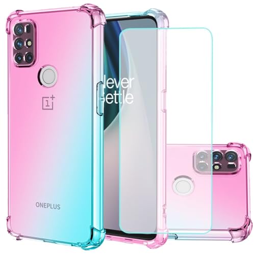 Jhxtech für OnePlus Nord N100 Hülle mit gehärtetem Glas Displayschutz, Transparente Verlauf Handyhülle, Schlankes kratzfestes Flexibles TPU Hülle stoßfeste Schutzhülle für OnePlus Nord N100 rosa/grün von Jhxtech