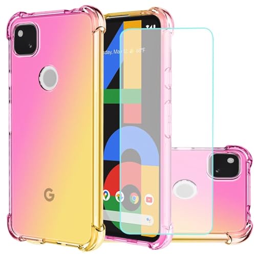 Jhxtech für Pixel 4A 4G Hülle, Google 4A mit gehärtetem Glas Displayschutz, Transparente süße Verlauf Handyhülle, Schlankes kratzfestes TPU Hülle stoßfeste Schutzhülle für Google Pixel 4A rosa/Gold von Jhxtech