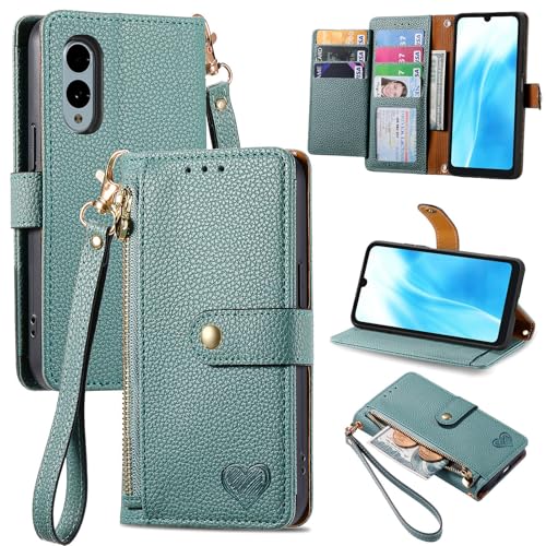 Jiajihua Hülle Kompatibel mit Sharp Simple Sumaho 6,Kompatibel mit Simple Smartphone 6 Schlüsselband【Reißverschluss Geldbörse】【7 Kartenfächer】【Flip Stand】【Magnetische Schnalle】 Green von Jiajihua