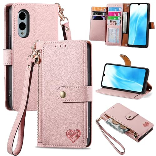 Jiajihua Hülle Kompatibel mit Sharp Simple Sumaho 6,Kompatibel mit Simple Smartphone 6 Schlüsselband【Reißverschluss Geldbörse】【7 Kartenfächer】【Flip Stand】【Magnetische Schnalle】 Pink von Jiajihua