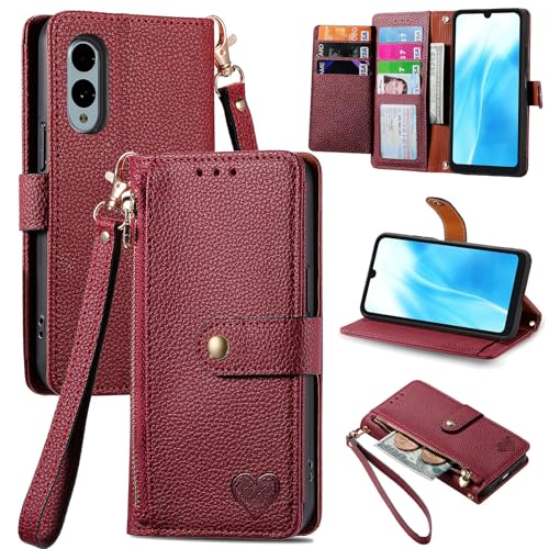 Jiajihua Hülle Kompatibel mit Sharp Simple Sumaho 6,Kompatibel mit Simple Smartphone 6 Schlüsselband【Reißverschluss Geldbörse】【7 Kartenfächer】【Flip Stand】【Magnetische Schnalle】 Red von Jiajihua