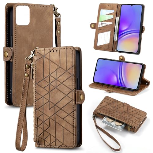 Jiajihua Hülle Kompatibel mit Sharp Simple Sumaho 6,Kompatibel mit Simple Smartphone 6Zipper Wallet Kartenhalter Flip Stand Magnetische Schnalle Lanyard PU Leder Cover Brown von Jiajihua