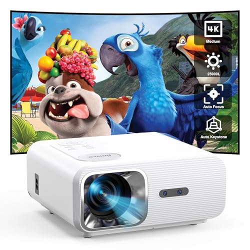 Beamer 4K KI Auto Fokus Auto 4D Trapezkorrektur Jimveo 25000L Full HD 1080P Unterstützt 4K Beamer Heimkino WiFi6 Bluetooth Smart Beamer Projector 50% Zoom 300 ''Display Led Outdoor Handy Projektor von Jimveo