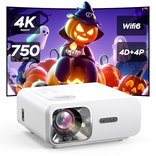 Beamer【AI Auto Fokus/Trapezkorrektur】 Full HD 1080P Beamer Unterstützt 4K, 25000L WiFi6 Bluetooth Jimveo Video Beamer,4P/4D Auto Trapezkorrektur LED Handy Projector 50% Zoom 300 '' Beamer 4k Heimkino von Jimveo