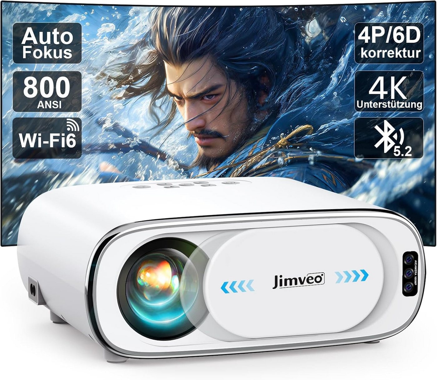 Jimveo Auto-Objektivdeckel/Auto-Fokus Auto-6D Trapezkorrektur Portabler Projektor (25000 lm, 25000:1, 3840*2160 px, Full HD Tragbare 300" Display Heimkino Mit Netzwerkkabel-Schnittstelle) von Jimveo