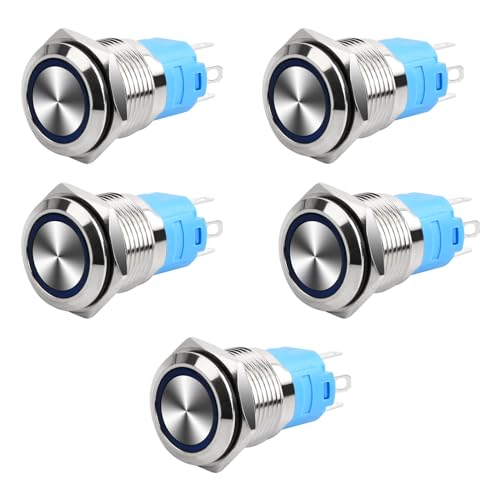 Jinlail Druckschalter Wasserdicht, 5 Stück 16mm Taster LED Schalter 12-24 V 3A, Latching Druckschalter Metall Messing 5 Pin mit Blau Ring LED-Licht für Auto KFZ Boot Motorrad von Jinlaili