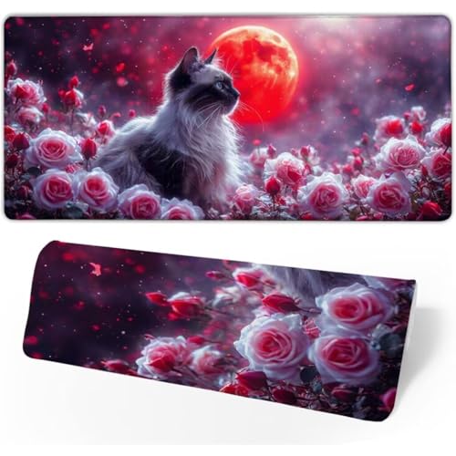 Gaming Mauspad Rose Mauspad Groß, Schreibtischunterlage Katze Mousepad XXL 1400x600x3mm, Mouse Pad Rutschfest & Wasserdicht Verbessert Präzision und Geschwindigkeit, Gaming-Mauspads für PC JC-658 von Jinycoon