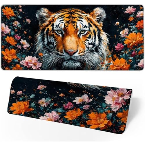 Mauspad XXL 1500x800x3mm, Mousepad Tiger Schreibtischunterlage, Gaming Mauspad Blume Mouse Pad Wasserdicht, Genähte Kanten Desk Mat, Mauspads mit rutschfeste Gummibasis für PC, Laptop, Geschenk JC-75 von Jinycoon