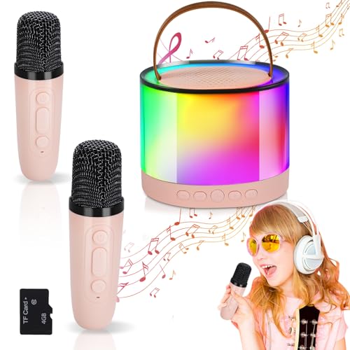 Joellfuner Karaoke Mikrofon Kinder, Karaoke Maschine Kinder mit 4G-Speicherkarte, Mini Karaoke Anlage, Mikrofon Karaoke Maschine Set mit 2 Drahtlosen Mikrofonen(Rosa 4G) von Joellfuner