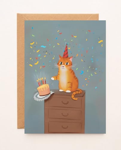 JohnPartners993 Lustige rote Katze, Geburtstagskarte mit Illustration einer roten Katze, die einen Geburtstagskuchen schiebt, niedliche lustige Karte für Katzenliebhaber, Katzenmutter, Geschenk für von JohnPartners993