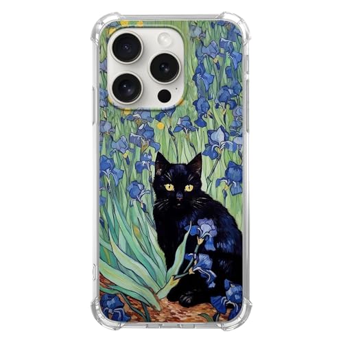 Van Gogh Blume Katze Kunst Handyhülle Kompatibel mit iPhone 13 Pro Max, Schwarz Katze Blau Blume Trendy Cool Girl Boy Hülle für iPhone 13 Pro Max Silikon Stoßfest TPU Bumper Schutzhülle von Joktruay