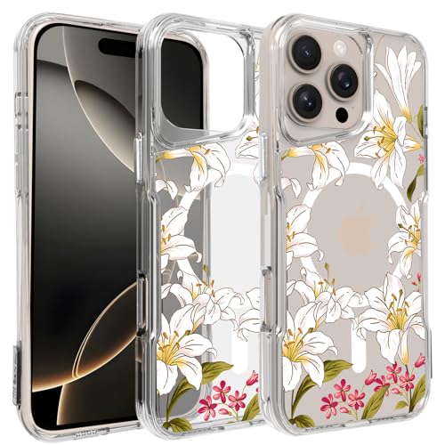 Jolook Starke magnetische Blumen-Schutzhülle für iPhone 16 Pro 16,3 Zoll (16,3 cm), schlanke, dünne Designer-Hülle, Lilien-Blumenmuster von Jolook