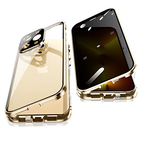 Jonwelsy Anti Peeping Hülle für iPhone 13 Pro Max, 360 Grad Schutz Case, Privatsphäre Gehärtetes Glas Anti-Spähen Cover, Stark Magnetische Adsorption Metallrahmen Handyhülle für 13 Pro Max (Gold) von Jonwelsy