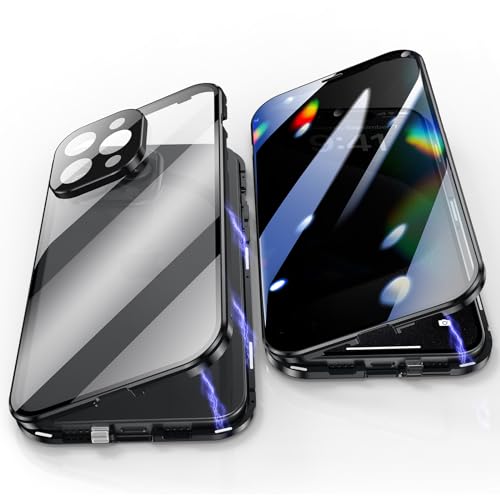 Jonwelsy Anti Peeping Hülle für iPhone 15 Pro, 360 Grad Schutz Case, Privatsphäre Gehärtetes Glas Anti-Spähen Cover, Stark Magnetische Adsorption Metallrahmen Handyhülle für iPhone 15 Pro (Schwarz) von Jonwelsy