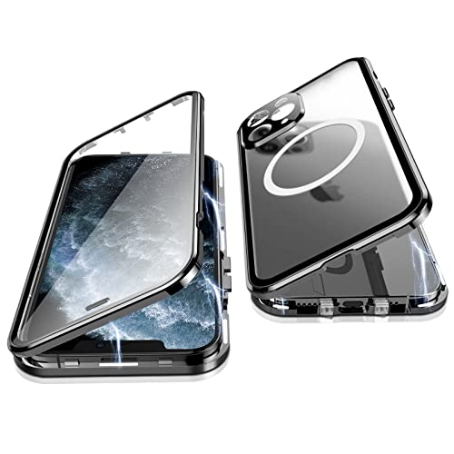 Jonwelsy Hülle für iPhone 11 Pro Max, 360 Grad Beidseitig Schutz Kompatibel mit Magsafe Magnetische Adsorption Metallrahmen Case Vorne Glas Hinten Frosted PC Cover Handyhülle für 11 Pro Max (Schwarz) von Jonwelsy