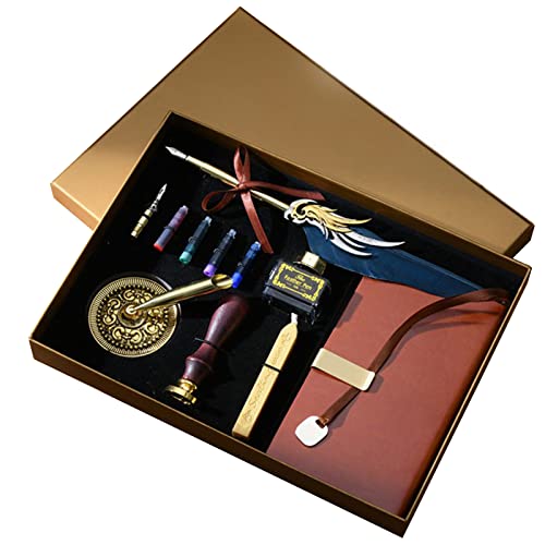 Joyeee Feather Quill Pen with Gift Box, Leder Notizbuch, Tinte, Füllfederhalter Feder, Wachs Siegel Stempel, Stift Basis, Rot Blau Lila Grün Klein Ersetzen Tinte Nachfüllminen zum Schreiben von Joyeee