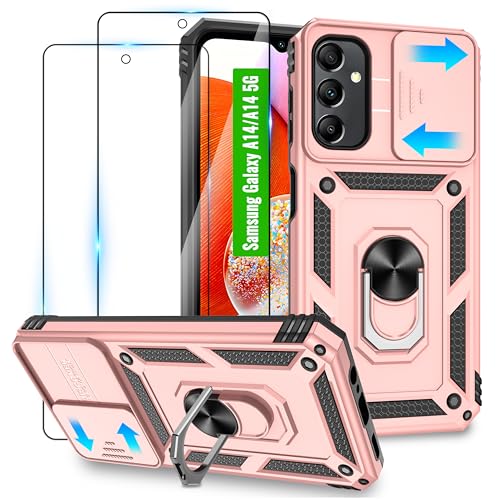 Handyhülle for Samsung Galaxy A14 4G/5G Hülle,Kameraschutz Hülle mit 360° Drehbarer Metall Ring Ständer[mit 2 Schutzfolie],Militär Standard Handy Hülle für Samsung A14-Roségold von Jshru