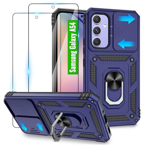 Jshru Handyhülle für Samsung Galaxy A54 5G Hülle mit 2 Schutzfolie,Kamera Schutz Schiebeabdeckung+360° Metall Ring Ständer,Militär Standard Handy Hüllen für Samsung A54 5G Hülle-Blau von Jshru