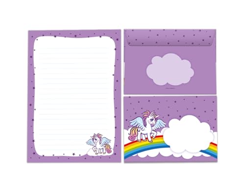 Briefpapier-Set Briefblock mit Umschlag für Mädchen Kindermotiv Einhorn Unicorn Pferd Briefbögenblock liniert (Block A5 mit 25 Blätter + 15 Umschläge) von JuNa-Experten