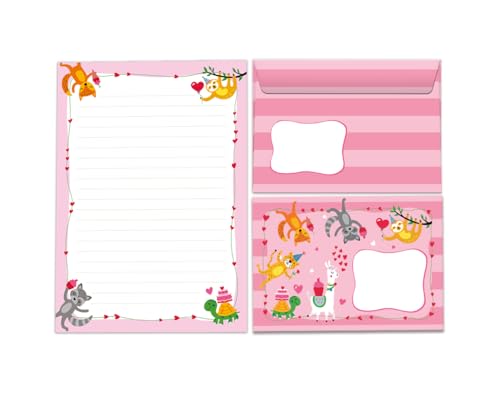 Briefpapier-Set Briefblock mit Umschlag für Mädchen Kindermotiv Tiere Lama Faultier Briefbögenblock liniert (Block A5 mit 25 Blätter + 15 Umschläge) von JuNa-Experten