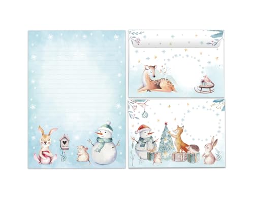 Briefpapier Set Weihnachten Schneemann Weihnachtsmann Weihnachtsmotiv Weihnachtsbriefpapier Blöcke Umschläge Kindermotiv für Mädchen Jungen (Block A5 mit 25 Blätter + 15 Umschläge) von JuNa-Experten