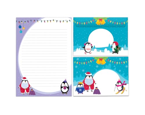 Briefpapier Set Weihnachten Weihnachtsmotiv Pinguin Blöcke Umschläge Kindermotiv für Jungen Mädchen Weihnachtsbriefpapier (Block A5 mit 25 Blätter + 15 Umschläge) von JuNa-Experten