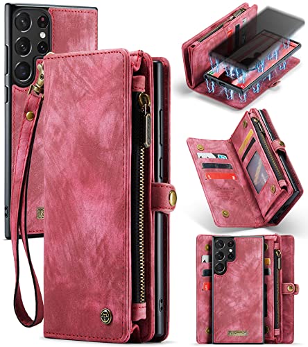 Juaupepo Wallet Case All-in-1 für Samsung Galaxy S23 Ultra, Reißverschluss, Geldbörse, Klappetui, Leder, Brieftasche, mit Kartenhalter, Handschlaufe, abnehmbar, magnetisch, stoßfest, Rot von Juaupepo