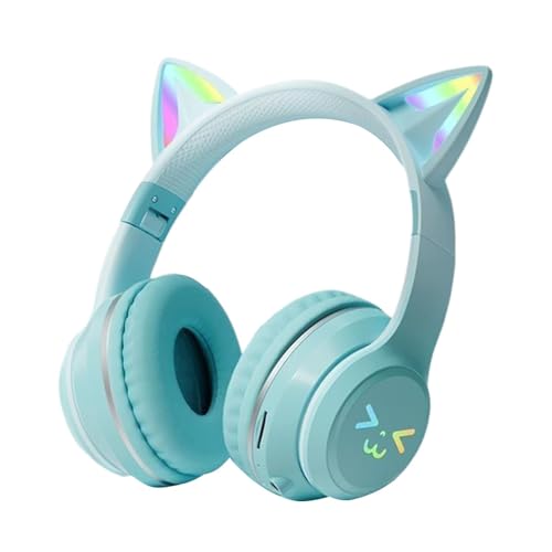 Jubepk Katzenohr-Headset, Katzenohr-Kopfhörer, kabellose Katzenohr-Kopfhörer, kabellose Kopfhörer mit Mikrofon, kabellose Headsets mit LED-Licht für Kinder, Farbverlaufsfarbe für Kinder von Jubepk