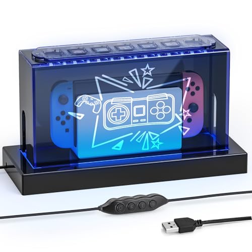 Jubor Acryl Staubschutz für Switch, wasserdichte Schutzhülle Schaukasten mit 10 LED Farbmodi Beleuchteter Sockel, Transparent Staubschutzhülle Display Box kompatibel mit Switch & Switch OLED von Jubor