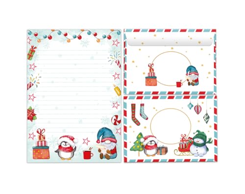 Briefpapier-Set für Weihnachten Pinguin Blöcke Umschläge Kindermotiv für Mädchen Jungen Weihnachtsbriefpapier Weihnachtspapier Brief an Weihnachtsmann (Block A5 mit 25 Blätter + 15 Umschläge) von Junaversum