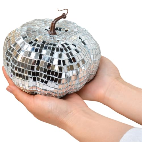 Junterone Silberne Verspiegelte Discokugel, Discokugel in Kürbisform, Geeignet für DJ-Clubpartys, Reflektierende Halloween-Kürbiskugel 15 cm von Junterone