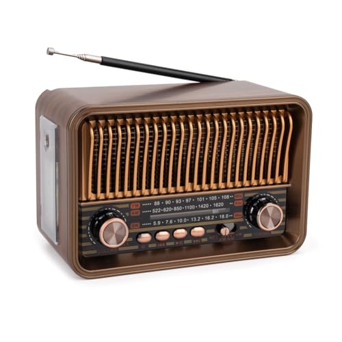 Junterone Tragbares FM AM SW-Radio, Vintage-Radio, Kabelloser Bluetooth-Lautsprecher mit LED-Taschenlampe, Unterstützt TF-Karte, U-Disk, AUX von Junterone