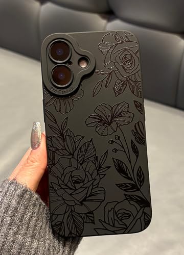 Jusnfu iPhone 16 Hülle 6,1 Zoll 2024, Aesthetic Y2K Blooming Rose Print Handyhülle für Damen Mädchen Männer, Slim Silikon Schutzhülle für iPhone 16, Schwarz Blooming Rose von Jusnfu