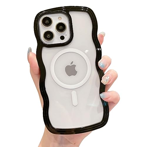 Jusy Für iPhone 14 Pro Wave Hülle, niedlicher Kawaii Curly Wave Frame Clear Shockproof Cover für Mädchen Frauen, kompatibel mit Magsafe, Schwarz von Jusy