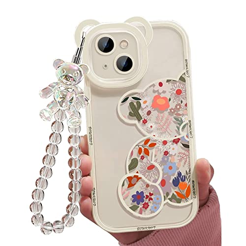 Jusy Kompatibel mit iPhone 13 Hülle, süße Blumen Floral Bär Abdeckung mit schöner Handgelenkschlaufe Armbandkette für Mädchen Frauen, klare Kawaii Kamera Schutz Hübsche Trendige Telefonhülle von Jusy