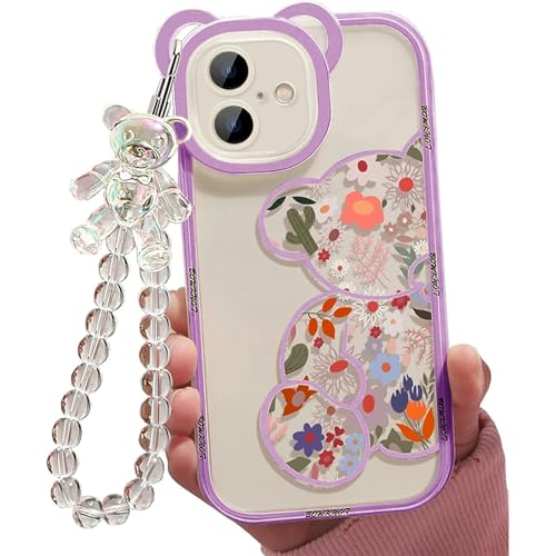 Jusy Kompatibel mit iPhone 16 Hülle,Süße Blumen Floral Bär Abdeckung mit Schöner Handgelenkschlaufe Armbandkette für Mädchen Frauen, Klare Kawaii Kamera Schutz Hübsche Telefonhülle,Dunkelviolett von Jusy