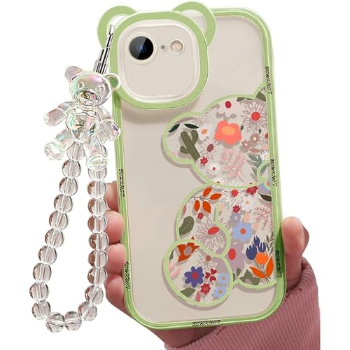 Jusy Kompatibel mit iPhone 7/8/SE Hülle,Süße Blumen Floral Bär Abdeckung mit Schöner Handgelenkschlaufe Armbandkette für Mädchen Frauen, Klare Kawaii Kamera Schutz Hübsche Telefonhülle,Grün von Jusy