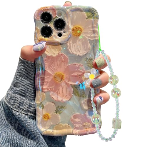 Jusy Ölgemälde-Blume, kompatibel mit iPhone 11 Pro Max, mit Armbandkette, buntes Retro-Blumenmuster, niedlicher Wellenrahmen, für Damen und Mädchen, Grün von Jusy