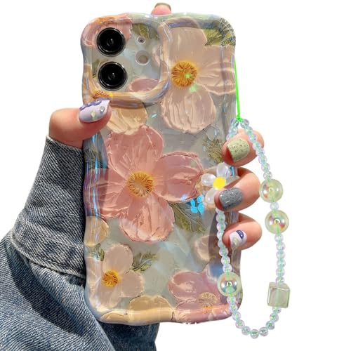 Jusy Ölgemälde Blumen Handyhülle Kompatibel mit iPhone 11 mit Band, Bunte Retro-Blume, Niedlicher Lockiger Wellenrahmen, Damen und Mädchen Schutzhülle (Grün) von Jusy