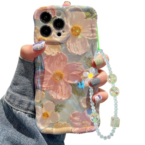 Jusy Ölgemälde Blumen Handyhülle Kompatibel mit iPhone 13 Pro Max mit Band, Bunte Retro-Blume, Niedlicher Lockiger Wellenrahmen, Damen und Mädchen Schutzhülle (Grün) von Jusy