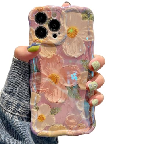 Jusy Schutzhülle für Apple 13 Pro, Motiv: Ölgemälde, Blume, kompatibel mit iPhone 13 Pro, buntes Retro-Blumenmuster, niedlicher Wellenrahmen, für Damen und Mädchen, Rosa von Jusy