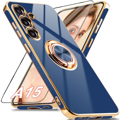 Jusy Schutzhülle für Samsung Galaxy A15, mit 360° drehbarem Ring, magnetischer Ständer und Displayschutzfolie, luxuriöses Glanz-Finish und galvanische stoßfeste Schutzhülle, Blau von Jusy