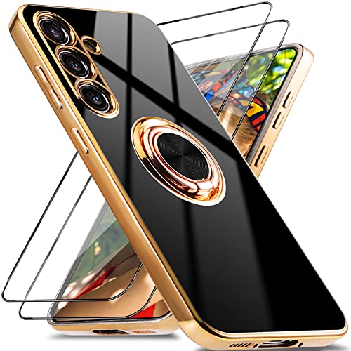 Jusy für Samsung Galaxy A34 5G Hülle mit360 Grad drehbarem Ringständer, Magnetständer und 2 Displayschutz - Stoßfestes Weiches Silikon Gehäuse Schwarz/Gold von Jusy