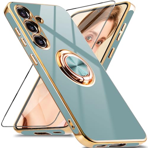 Jusy für Samsung Galaxy S23 FE Schutzhülle mit 360° Drehring, Magnetständer und Displayschutz - Stoßfestes Gehäuse mit luxuriösem Glanz-Finish und Elektroplattierung - Grau/Gold von Jusy