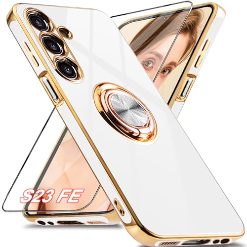 Jusy für Samsung Galaxy S23 FE Schutzhülle mit 360° Drehring, Magnetständer und Displayschutz - Stoßfestes Gehäuse mit luxuriösem Glanz-Finish und Elektroplattierung - Weiss/Gold von Jusy