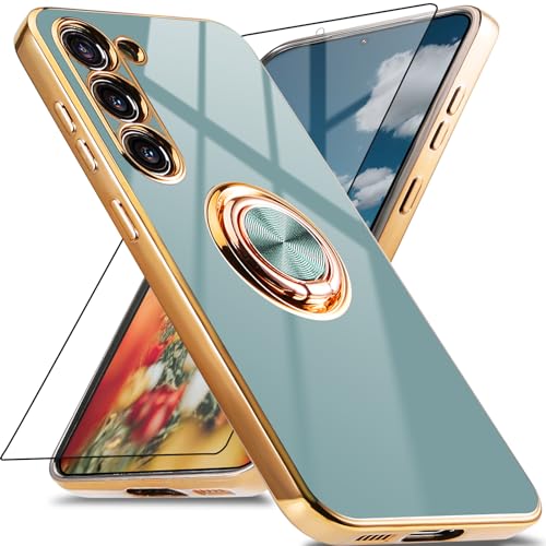 Jusy für Samsung Galaxy S23 Schutzhülle mit 360° Drehring, Magnetständer und Displayschutz - Stoßfestes Gehäuse mit luxuriösem Glanz-Finish und Elektroplattierung - Grau/Gold von Jusy